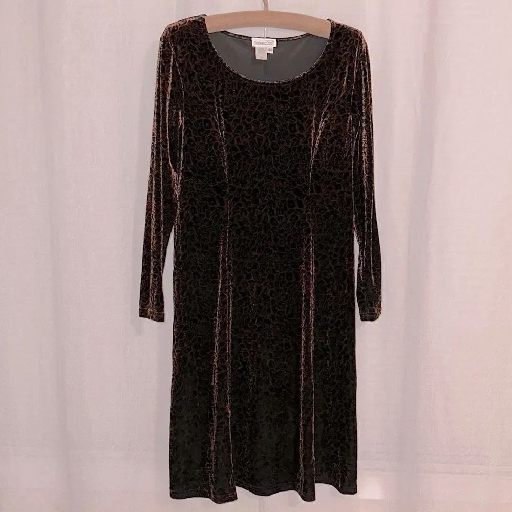 Coldwater Creek 14P Black Rust Shimmery Velour Animal Print Long Sleeve Dress